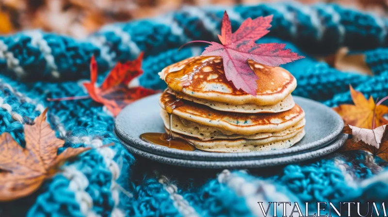 Delicious Pancakes with Maple Syrup on Blue Plate AI Image