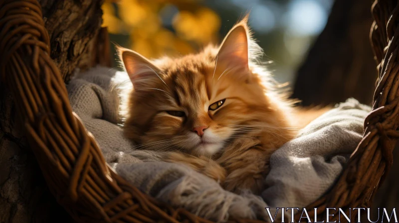 Ginger Cat Sleeping in Autumn Basket AI Image