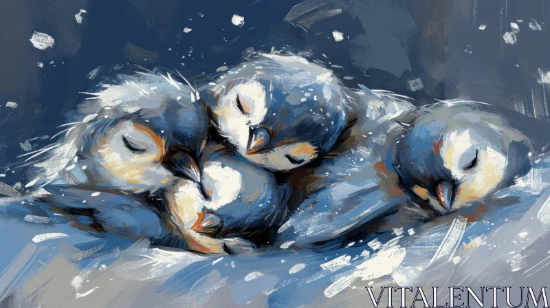 Realistic Painting of Sleeping Birds in Winter AI Image