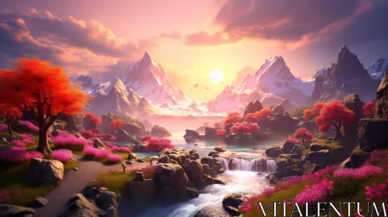 Romantic Riverscapes: An Asian-Inspired Mountain Landscape AI Image
