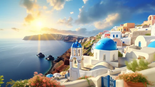 Santorini Island Sunrise: Photorealistic Landscape in Greece