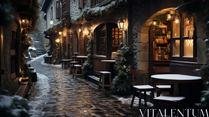 Snowy Cobblestone Driveway: Dark and Lively Atmosphere | Medieval Tavern Scenes AI Image
