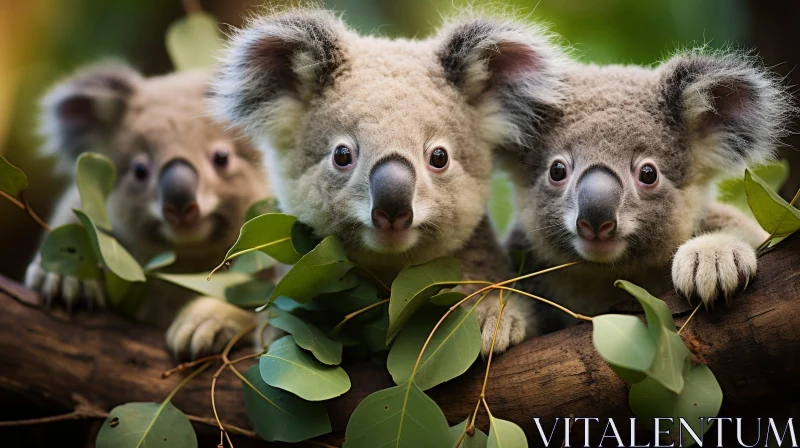Three Koalas on Tree Branch: Enchanting Wildlife Encounter AI Image