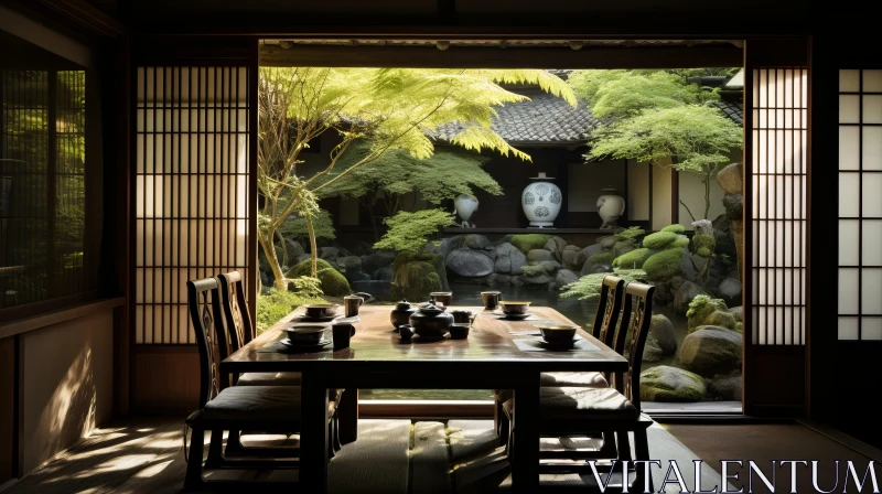 Traditional Wood Table in Japanese-Style Landscape | Tranquil Still Life AI Image