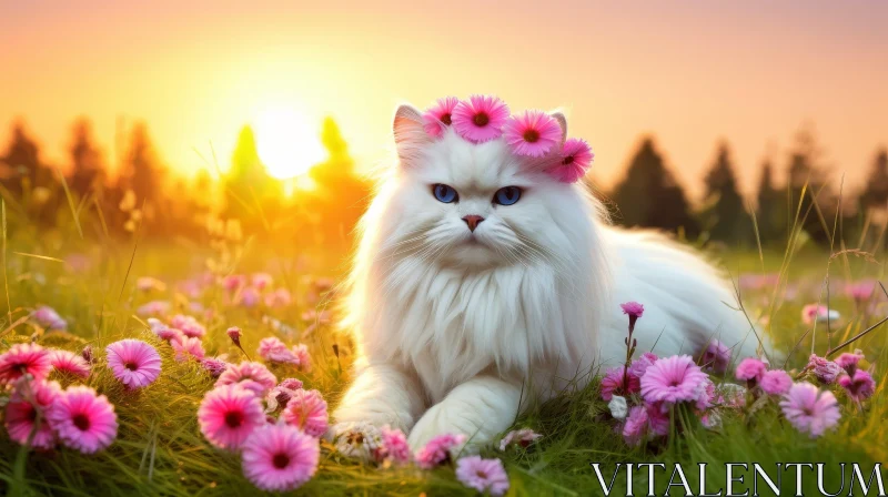 White Persian Cat in Pink Flower Field at Sunset AI Image