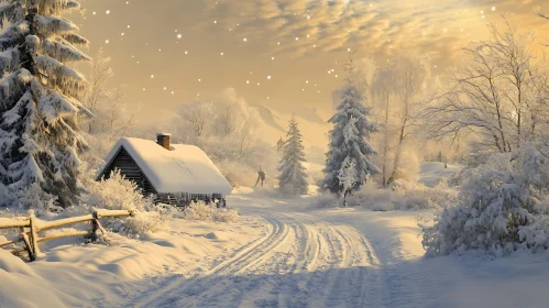 Peaceful Snow-Covered Cabin in Winter Wonderland