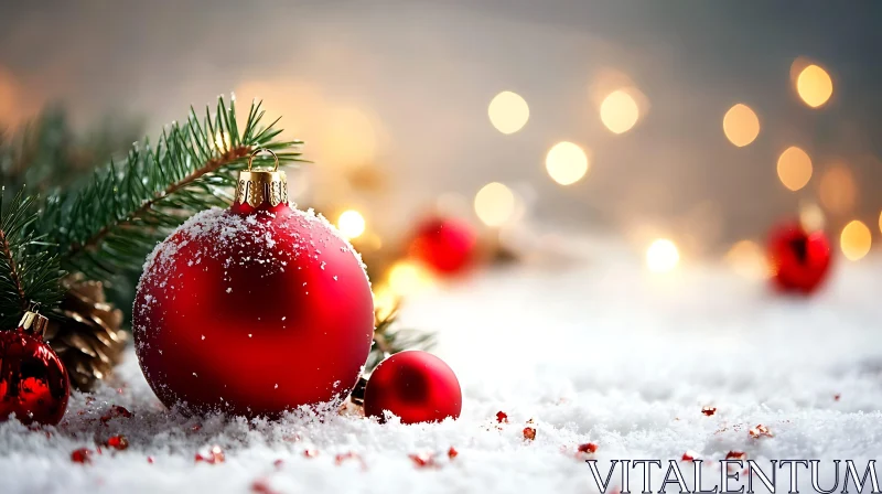 Red Baubles and Snow with Pine Needles and Festive Lights AI Image