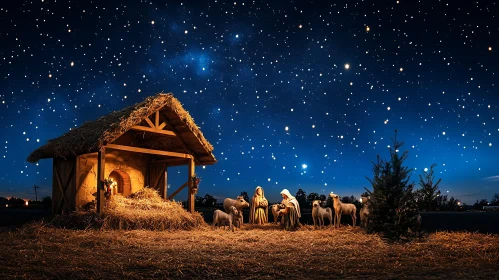 Peaceful Manger Scene with Starry Sky