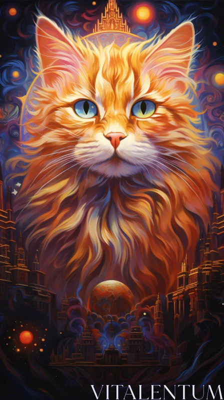 AI ART Fantasy Cat Amidst Cosmic Cityscape