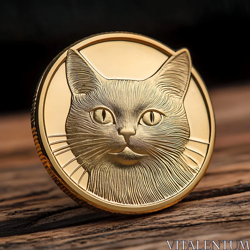 Gold Coin Featuring Detailed Cat Engraving AI Image