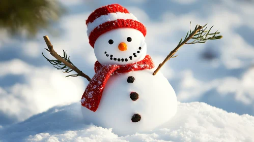 Cheerful Snowman Adorned with Red Scarf and Hat