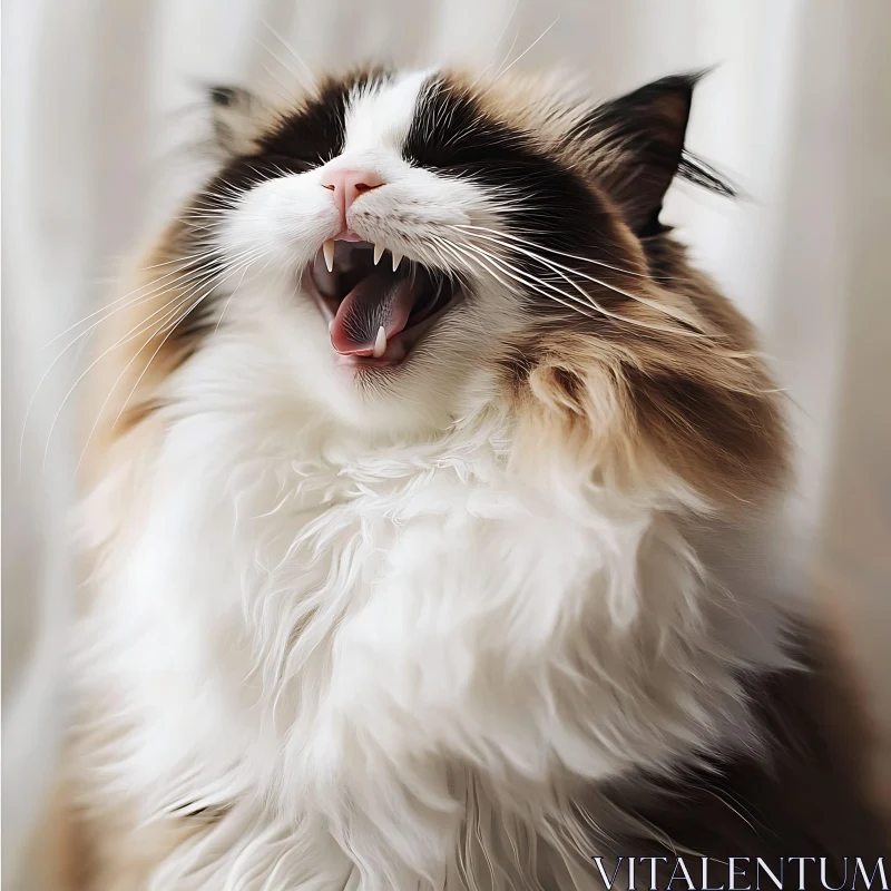 Yawning Fluffy Cat Portrait AI Image