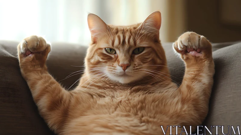 Relaxed Ginger Cat on Sofa AI Image