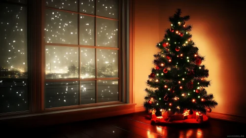 Christmas Tree with City Lights and Snowfall