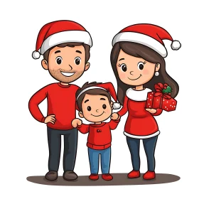 Festive Family Cartoon with Santa Hats and Christmas Gift