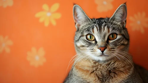 Tabby Cat Portrait Against Floral Orange Background