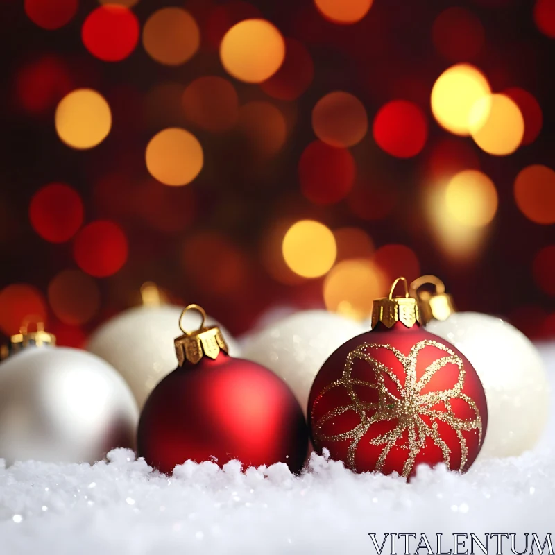 Holiday Ornaments on Snow with Warm Bokeh AI Image