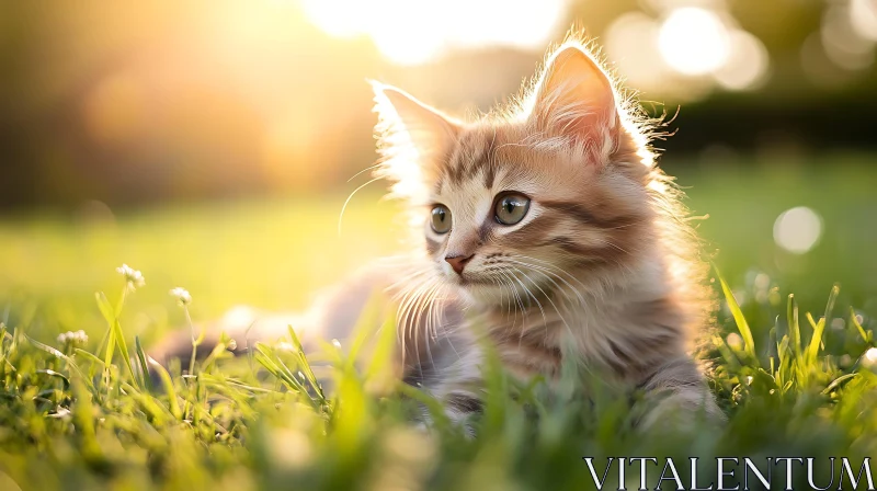 Curious Kitten Relaxing on Grass AI Image