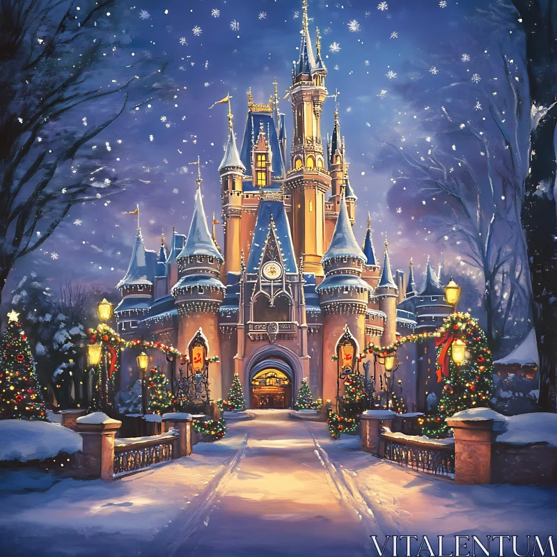 Magical Winter Castle Illuminated During Christmas AI Image