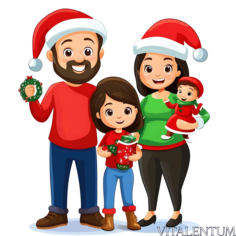 Festive Cartoon Family with Santa Hats and Gifts AI Image