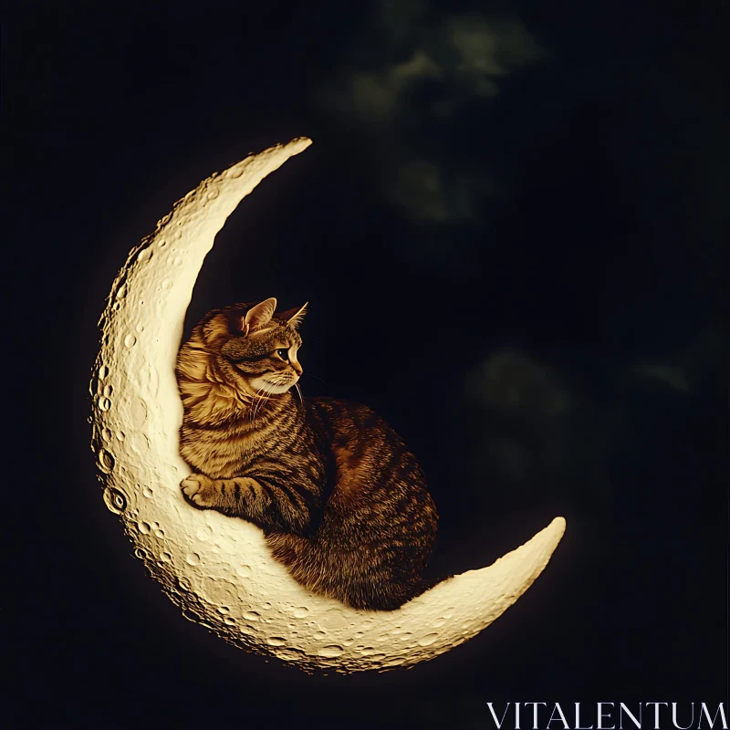 Dreamlike Scene of Tabby Cat on Crescent Moon AI Image