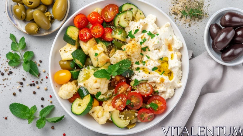 Delicious and Fresh Vegetable Bowl with Burrata Cheese AI Image