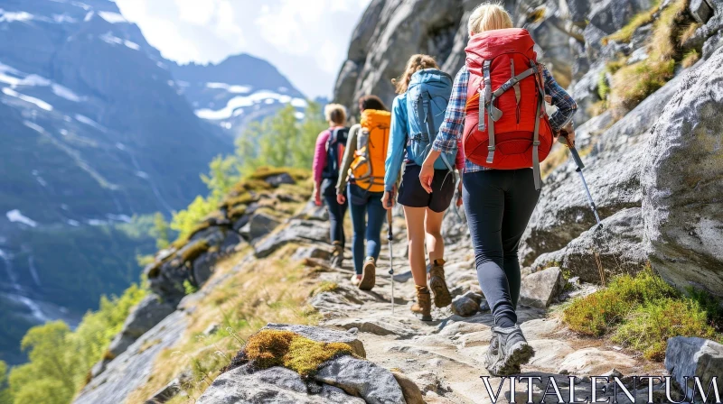 Four Women Hiking in Majestic Mountains AI Image