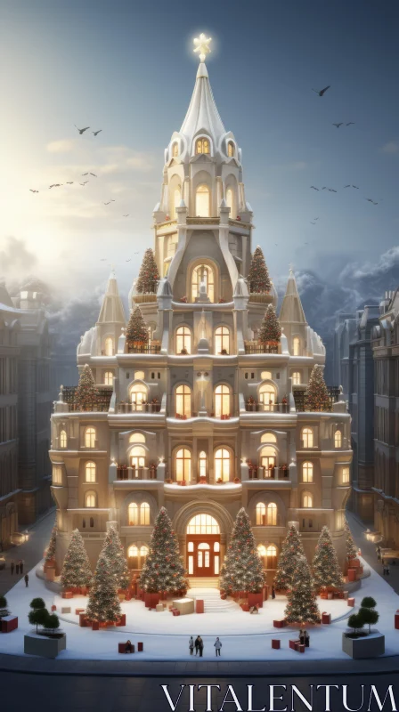 Gothic Revival Christmas Tree Building - 3D Illustration AI Image
