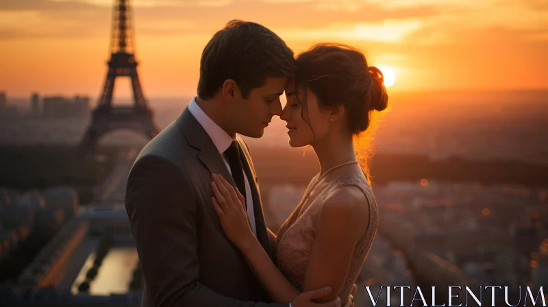 Romantic Sunrise Embrace in Paris - A Cinematic Still AI Image