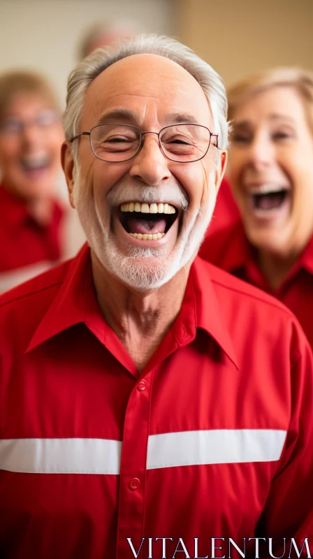 Senior in Red Shirt Laughing | Photorealistic Detail | Smilecore AI Image