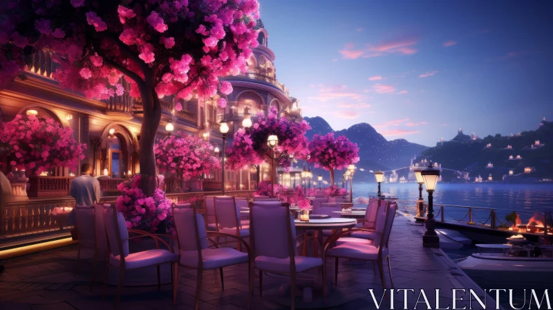 Stunning Outdoor Restaurant by the Lake with Purple Flowers and Cityscape AI Image