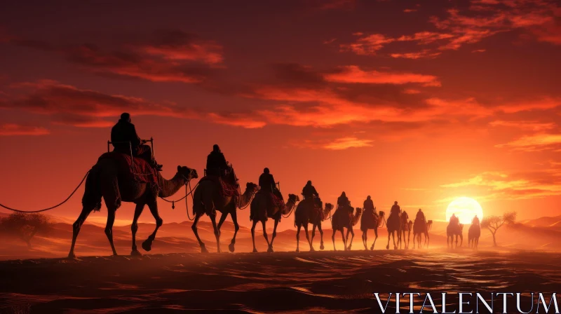 Sunrise Concept with Men Traveling on Camels - A Captivating Artwork AI Image