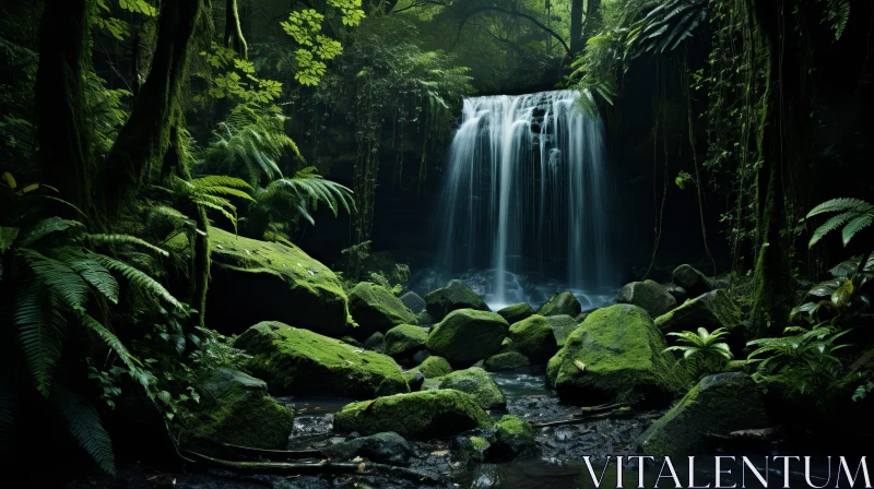 Tropical Waterfall Amidst Lush Vegetation - Nature Photography AI Image