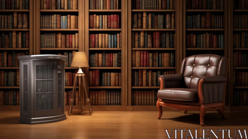 AI ART Vintage Library Interior with Leather Armchair and Books