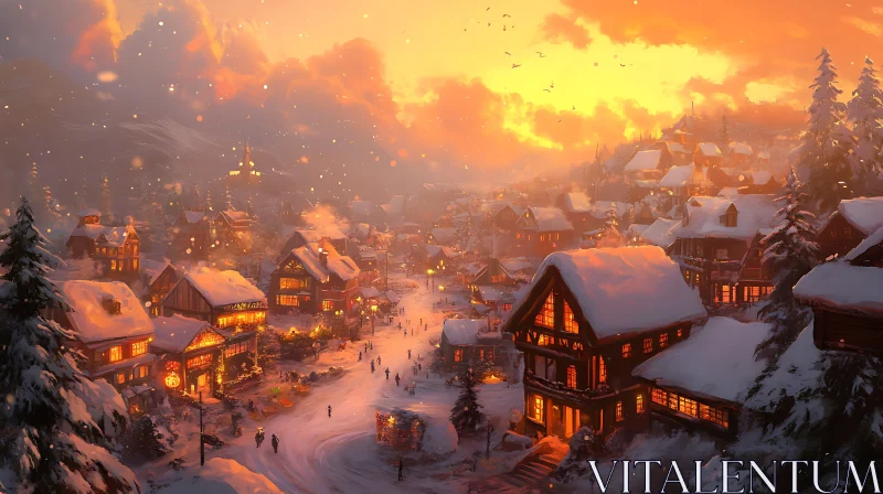 Snowy Village at Sunset AI Image