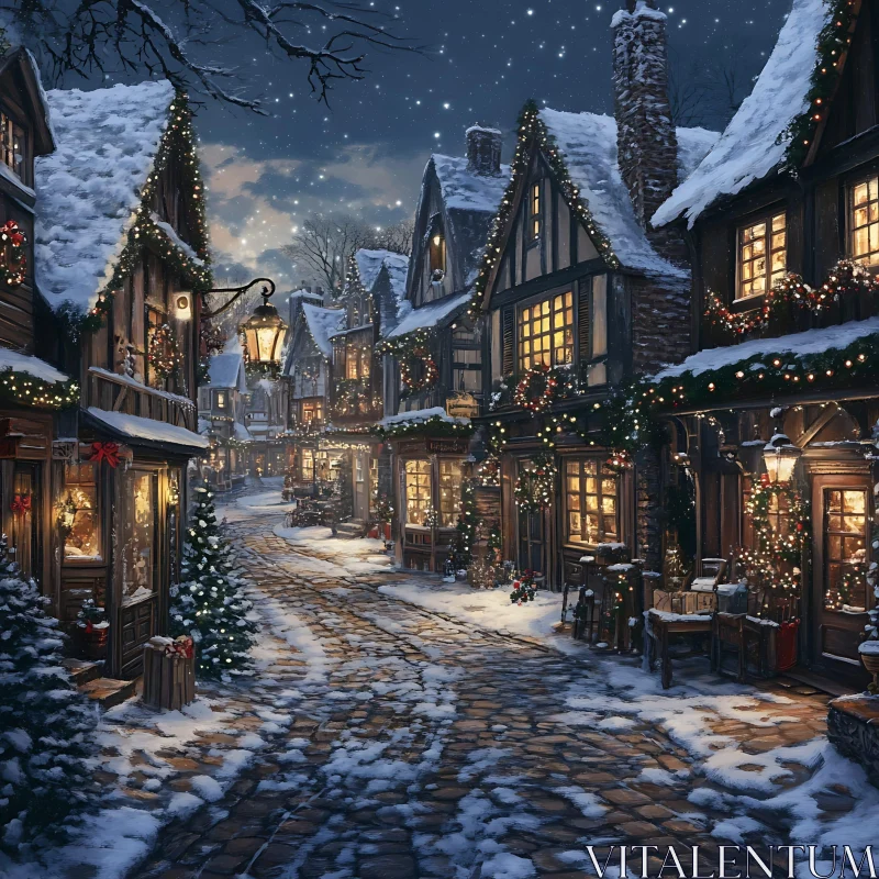 Snowy Christmas Village Nightscape AI Image