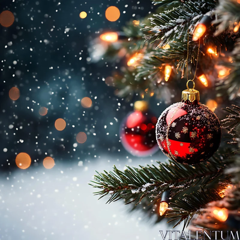 Festive Christmas Tree with Red Ornaments and Twinkling Lights AI Image