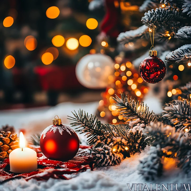 Festive Holiday Scene with Christmas Ornaments and Candle AI Image