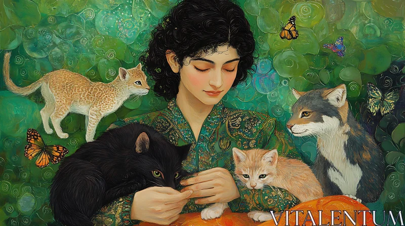 AI ART Artistic Portrait Featuring Cats and Butterflies