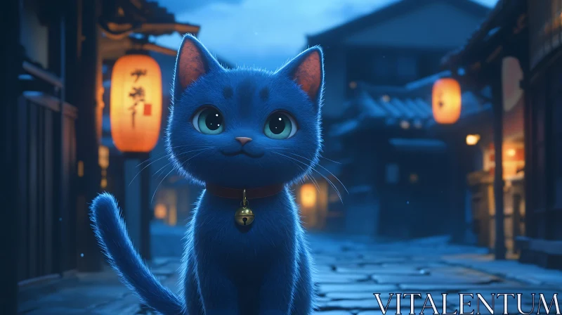 Whimsical Blue Cat in Nighttime Town AI Image