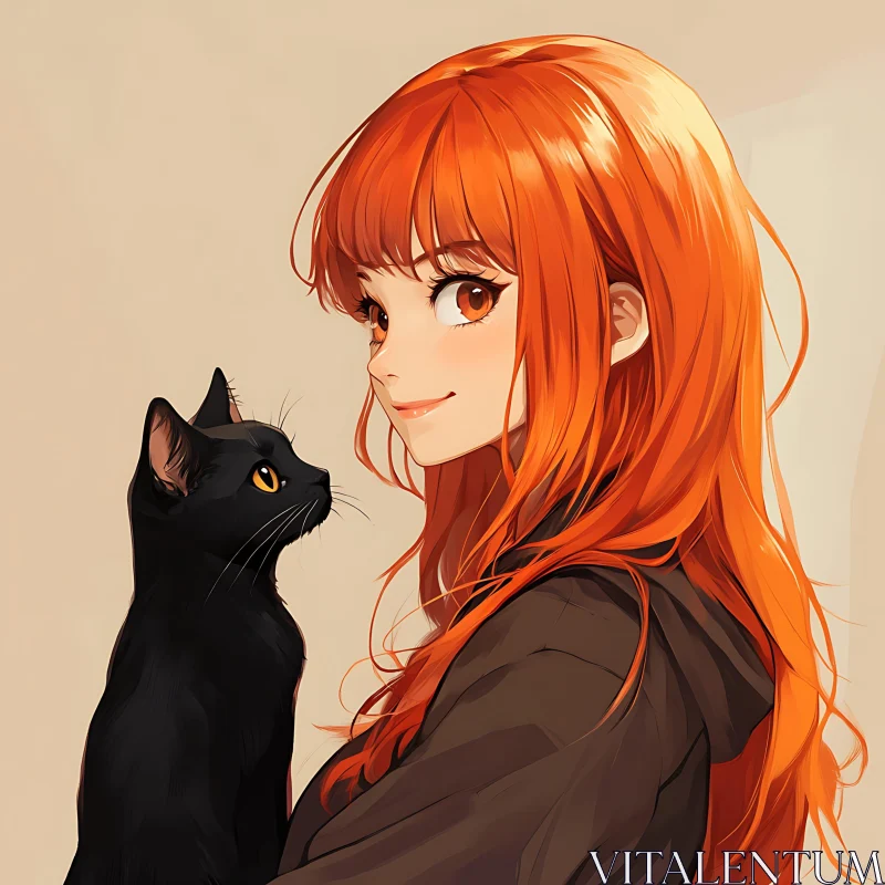 Anime Illustration of a Girl with Orange Hair and Black Cat AI Image