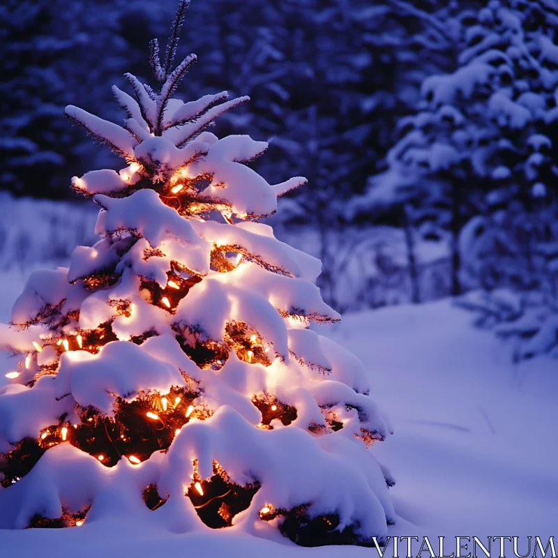 Snow Covered Christmas Tree with Festive Lights AI Image