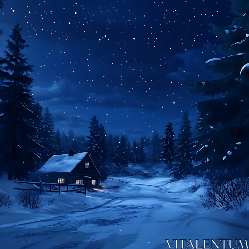 Cabin Under Starry Winter Sky in Snow-Covered Forest AI Image