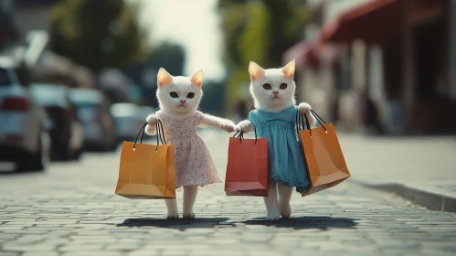 Cute White Kittens with Shopping Bags