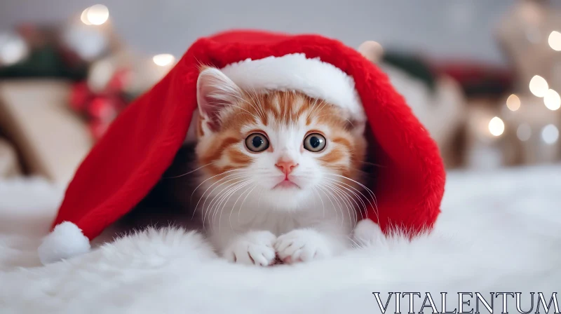 Cute Kitten in Christmas Hat AI Image