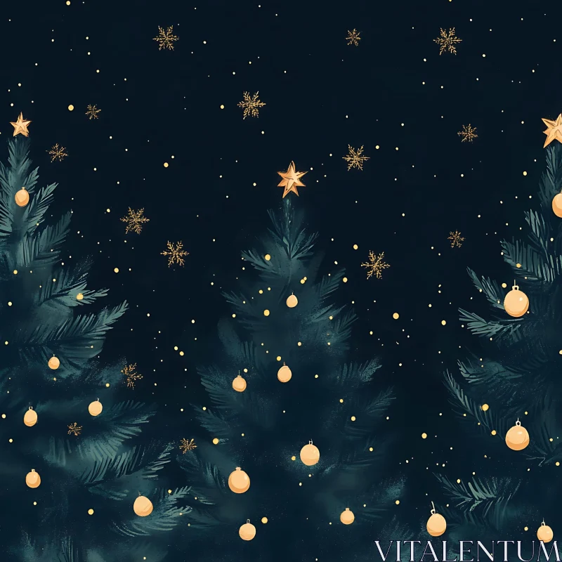 Magical Christmas Tree Night Scene with Stars and Snowflakes AI Image