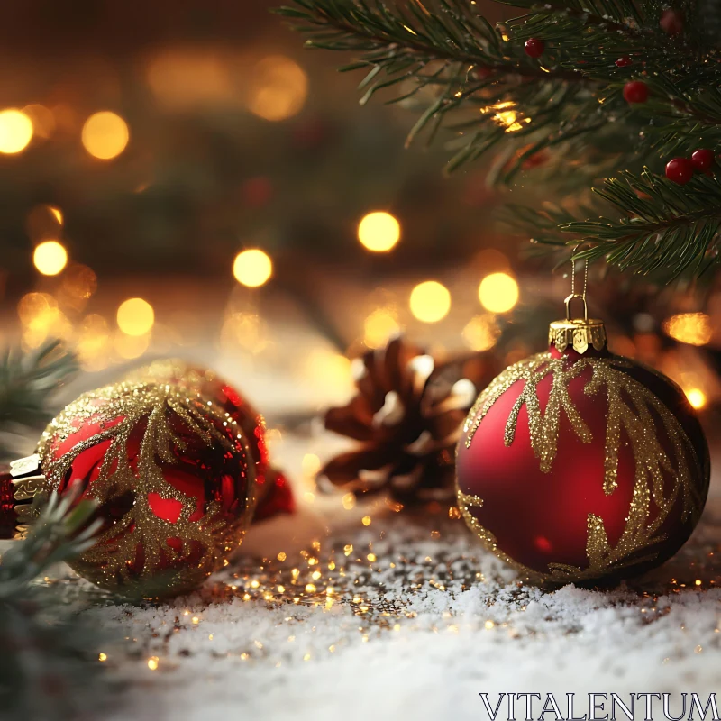 Holiday Decor with Christmas Ornaments and Pinecones AI Image