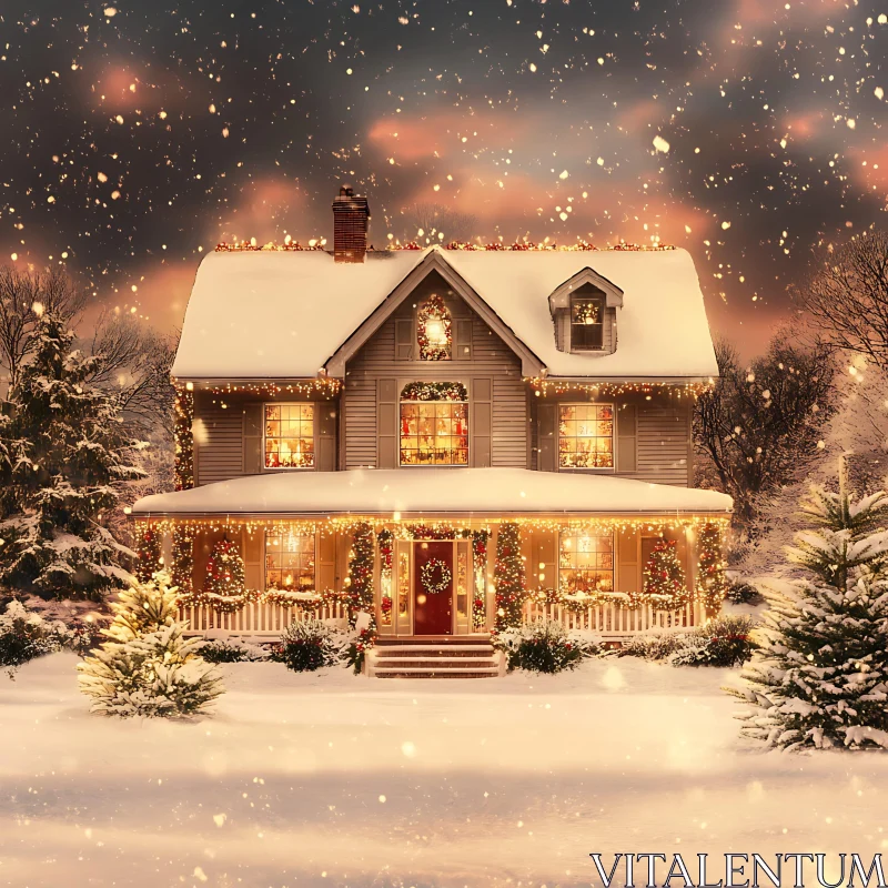 Festive Snowy House with Warm Christmas Glow AI Image