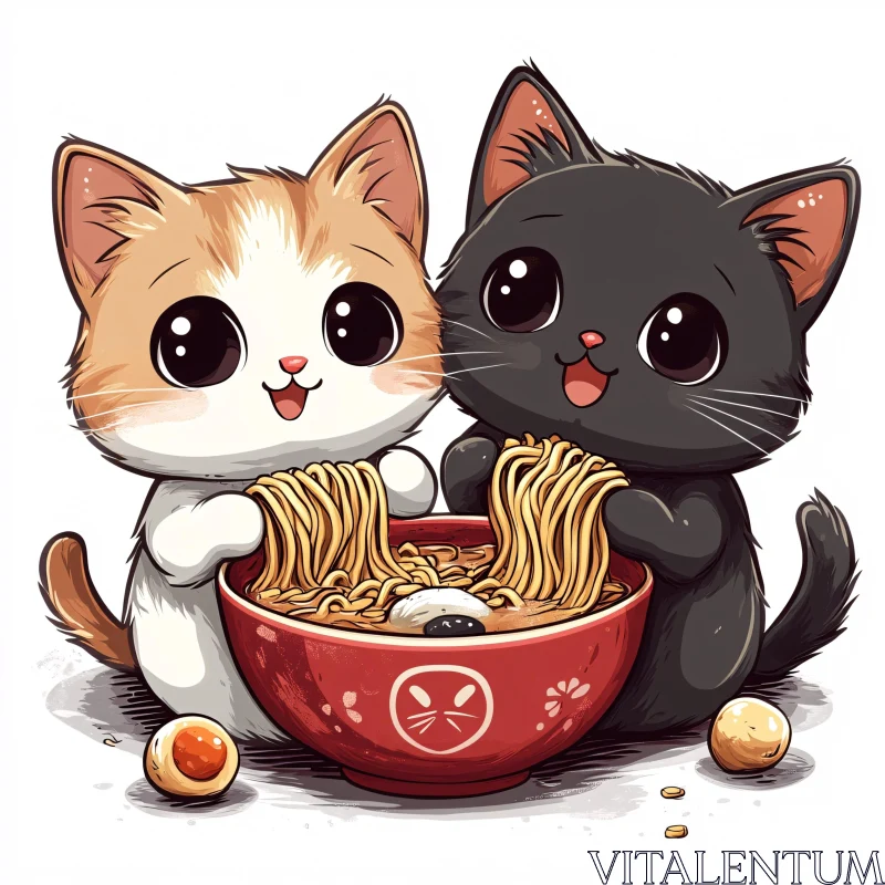 Adorable Kittens Eating Noodles Cartoon AI Image