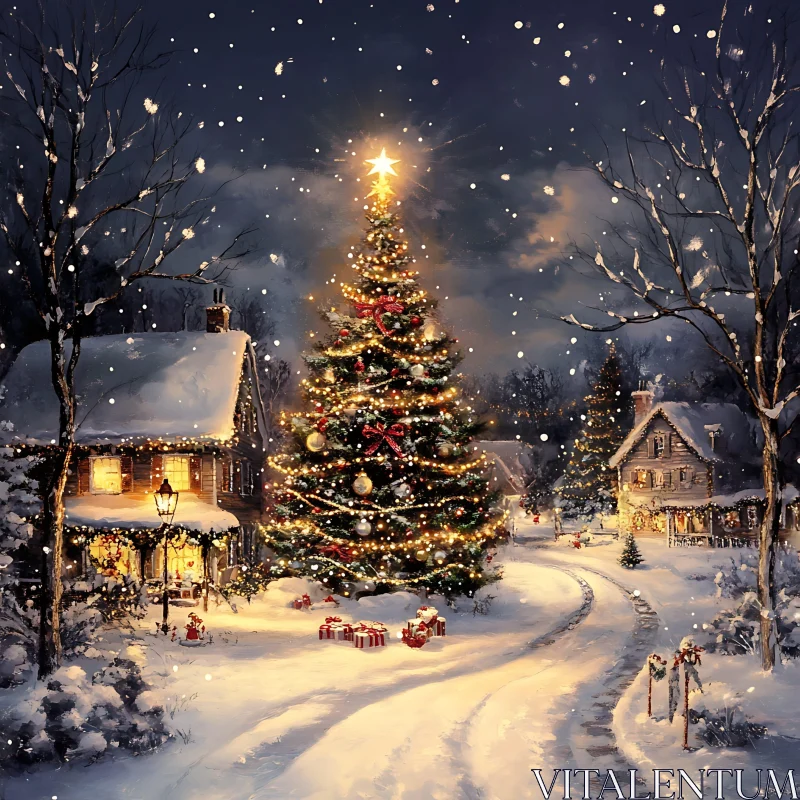 Magical Winter Wonderland with Christmas Tree and Falling Snow AI Image